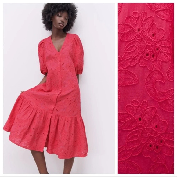 ✨ Host Pick ✨ Zara Embroidered Eyelet Fuscia Marta Blogger Fave Midi Dress - Picture 4 of 10